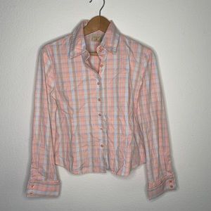 Pink and Orange Plaid Long Sleeve Petite Button-Up